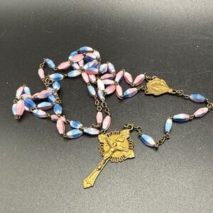 Atq Czech Pink Blue White Givre Glass Bicone Lantern Bead Rosary-Estate